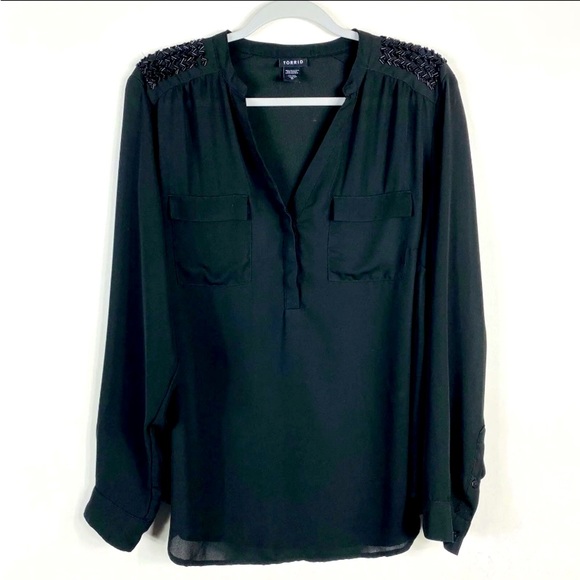 Torrid Beaded Shoulder Harper Georgette Long Sleeve Pullover Popover Blouse Top - Picture 3 of 8